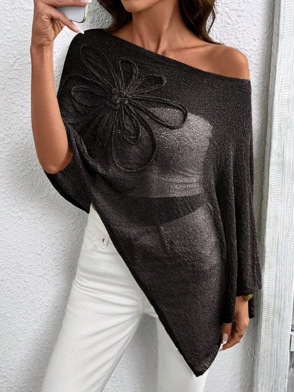 Black Casual Women's Asymmetric Embroidered Poncho Style Loose Knit Sweater